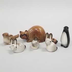 Howard Pierce artist signed pottery animals incl raccoon, penguin, rabbits, etc- 3 1/4"H 9"L largest