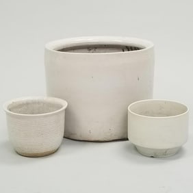 3 Mid Century white pottery planter vases incl Zanesville, etc- 11 1/2"H 14 1/2"D largest
