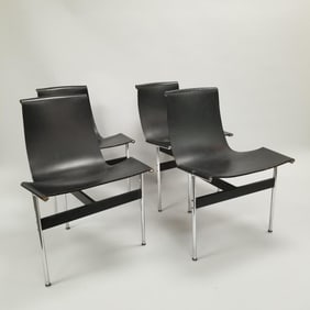 4 Katavolos, Littell & Kelly "T" dining chairs with black leather- 32"H 23"W 23"D