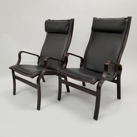 2 Westnofa style Italian black leather & bentwood arm chairs- 41 1/4"H 24 3/4"W 30"D