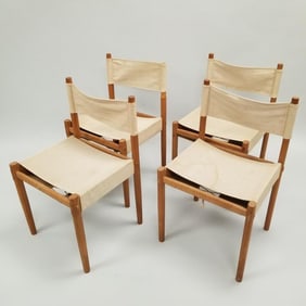Set 4 Gjerlov-Knudsen for France & Son teak chairs with canvas & rope design (1 leg repaired, loose,