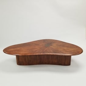 Mid-century walnut unique coffee table with center inlaid design- 17 1/2"H 68"W 32"D
