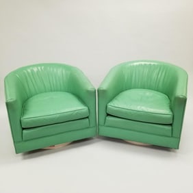 Pair swivel mid-century style chairs with green leather- 28 1/2"H 31"W 35"D