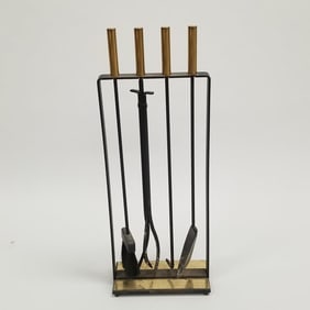 After George Nelson for Pilgrim brass & iron fireplace tool set (some as seen to brass plates) 32"H