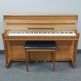 Broor Jorgensen upright piano in teak case- 40"H 58 1/4"W 20 3/4"D with piano stool