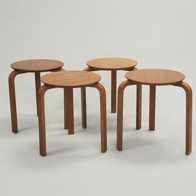 Alvar Aalto 4 stacking teak stools (shows wear, veneer loss to one leg)- 17 1/2"H 15 1/2"D