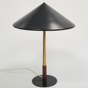 Bent Karlby for Lyfa metal & wood table lamp (some bending to rim of shade) 20"H 14 1/2"D