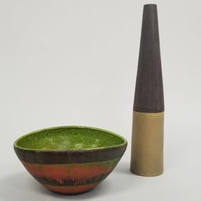2 Bitossi pottery pieces: 16"H bottle vase signed Ztaly (Aldo Londi personally signed) & striped