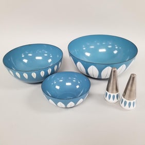 Cathrineholm Norway Blue Lotus set of 3 bowls & salt & pepper shakers- 4"H 9 1/2"W largest bowl