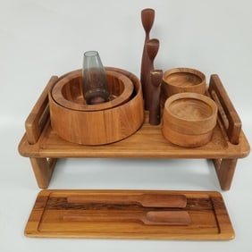 Group of woodware incl Dansk, Digsmed, etc (tray damaged) 10"H 25"W 14 1/2"D