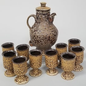 Studio pottery pitcher & 10 goblets (some chips) 12"H 7 1/2"D pitcher
