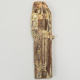 Katalin Garanyine Staindl glazed signed ceramic figural sculpture wall hanging- 24"H 6 1/2"W 2 1/2"D