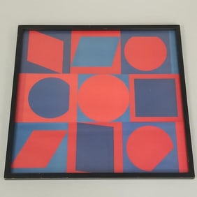 Victor Vasarely framed color op-art screenprint blue & red- 23 5/8"H 24 9/16"W