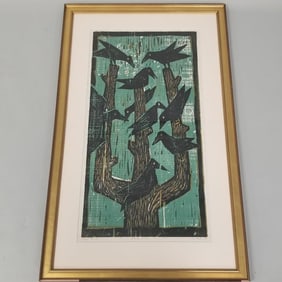 Max Kahn framed pencil signed & dated 49 woodcut "Black Birds" trial proof (chips to frame) 42 1/2"H