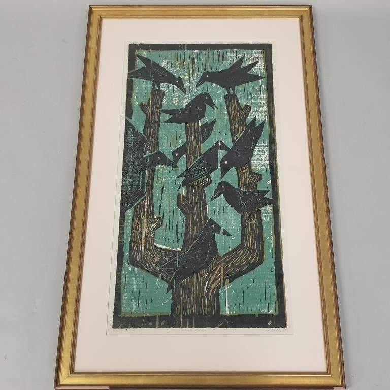 Max Kahn framed pencil signed & dated 49 woodcut "Black Birds" trial proof (chips to frame) 42 1/2"H: Max Kahn framed pencil signed & dated 49 woodcut "Black Birds" trial proof (chips to frame) 42 1/2"H 26 1/8"W OD
