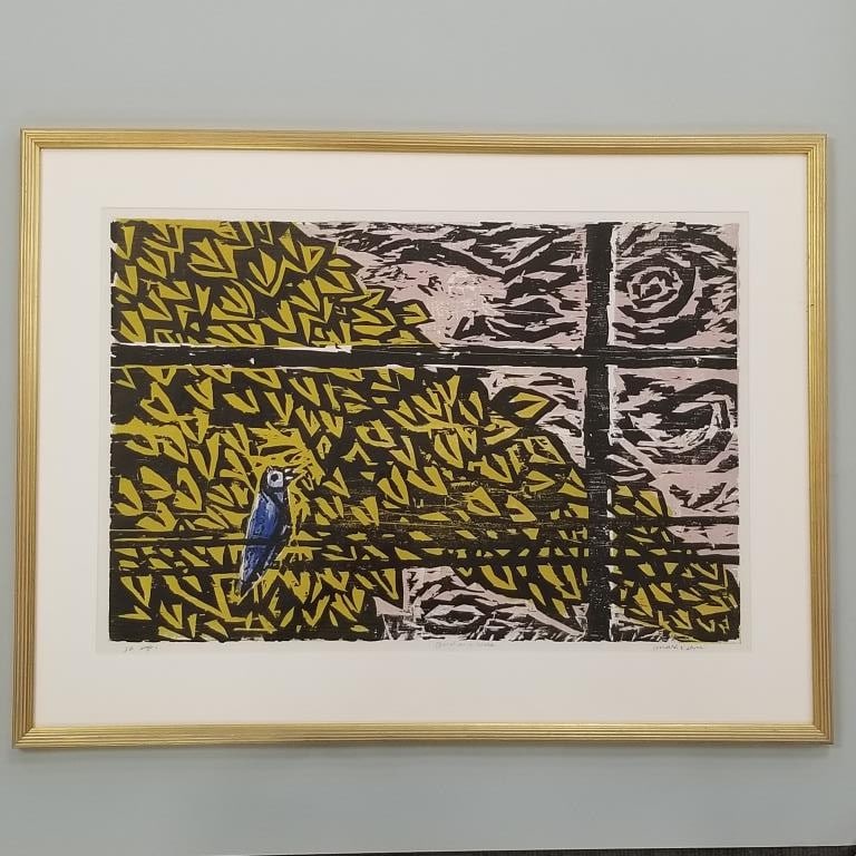 Max Kahn framed pencil signed woodcut "Birds on a Wire" 30 Imp- 38 1/2"H 29"W (1 of 14)