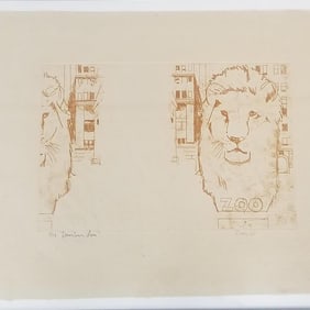 Larry River pencil signed & numbered 8/24 etching "Down Town Lion" framed 22 3/8"H 28 3/8"W