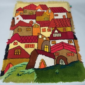 Large handmade hooked yarn wall hanging/ rug- approx. 6'10" x 4'9"