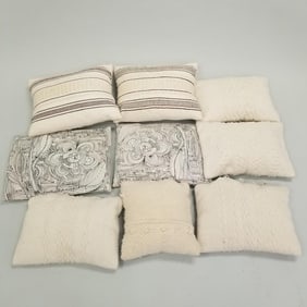 Collection of 9 woven pillows (some minor stains) 14 1/2"H 19 1/2"W