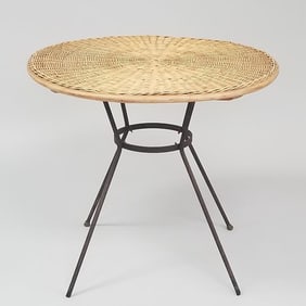 Arthur Umanoff attribution woven top and metal frame bistro table- 27.5"H x 31.5"D