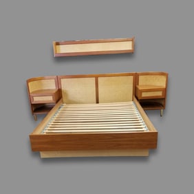 Dyrlund teak queen bed frame with bookshelf ends & floating shelf- 33 1/2"H 62"W 82 1/2"L