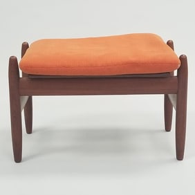 Poul Volther for Frem Rojle teak footstool with orange cushion- 15"H 24"W 15"D