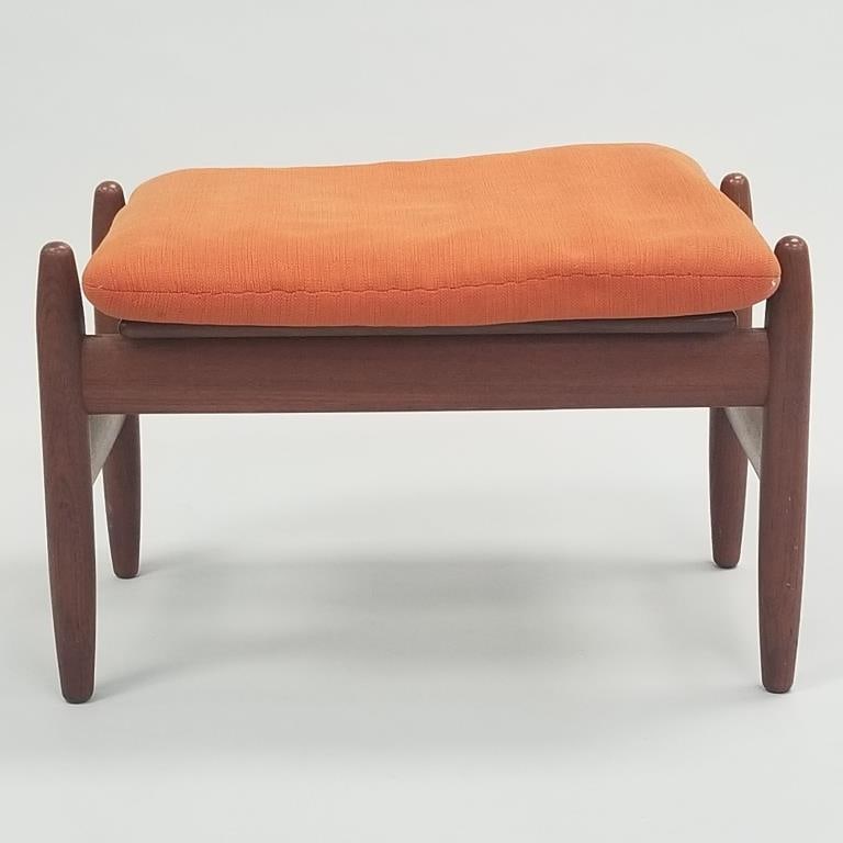 Poul Volther for Frem Rojle teak footstool with orange cushion- 15"H 24"W 15"D: Poul Volther for Frem Rojle teak footstool with orange cushion- 15"H 24"W 15"D