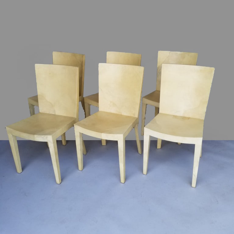 6 Karl Springer goatskin "JMF" dining chairs unsigned- 35 1/2"H 18"D (1 of 19)