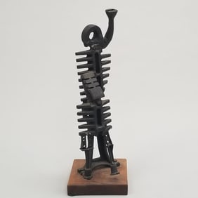 Unique iron sculpture on wood base- 27 3/4"H 9 1/2"W 9 1/2"D
