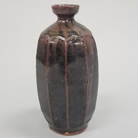 Warren Mackenzie stamped tenmoku glaze bottle shape vase- 11"H 5"D