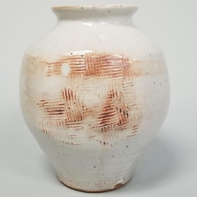 Warren Mackenzie bulbous vase with paddle marks not stamped- 12 1/4"H 9"D