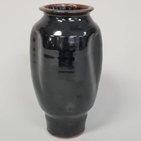Warren Mackenzie tall dimpled vase with tenmoku glaze not stamped- 13"H 7"D
