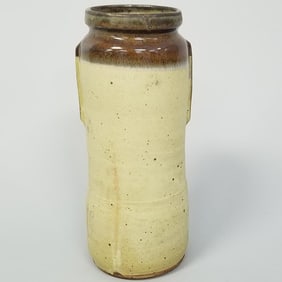 Warren Mackenzie tall handled vase with drip glaze not stamped- 13 1/8"H 6"D