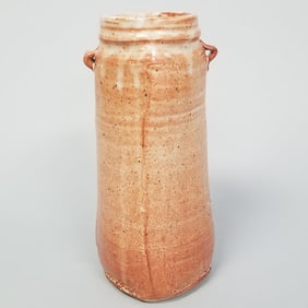 Warren Mackenzie tall vase with shino glaze & handles not stamped- 13 3/4"H 6 1/2"D