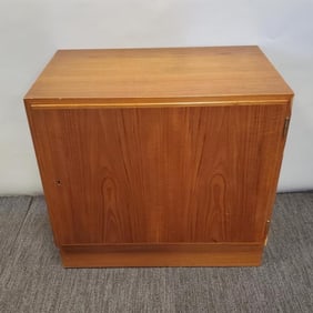 Danish teak 1 door cabinet (some edge wear) 26 1/2"H 27 3/4"W 17 1/4"D