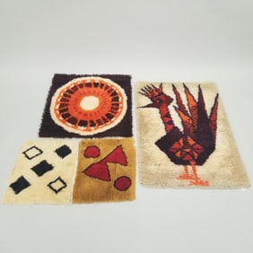 4 hand tied wall hangings/ mats including bird- 40"H 29"W, wheel 28"H 28"W, etc