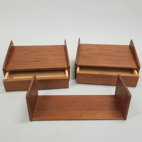 2 Melvin Mikkelsen Pandrup-Danmark teak hanging one drawer shelves (one missing back) 6 3/4"H 13