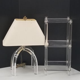 Lucite 3 shelf stand 25"H 12"W 12"D & Lucite 4 leg lamp (shade as is) 26"H overall 12 1/2"W 9 1/2"D