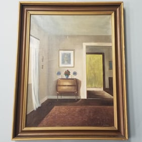Signed oil painting on canvas: interior scene- framed 28 5/8"x 22 5/16" OD
