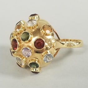 Tested 14k gold & gemstone sputnik ring: 5.7g, size 8, 7/8"W