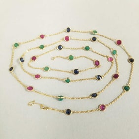 Tested 18k gold & gemstone necklace w/ sapphires, rubies & emeralds: 5.2g, 28"L, approx 3.5mm stones