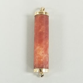 18k gold & red/ orange hardstone pendant: 13.7g, 2 1/4" total length incl bail, 3/8"W