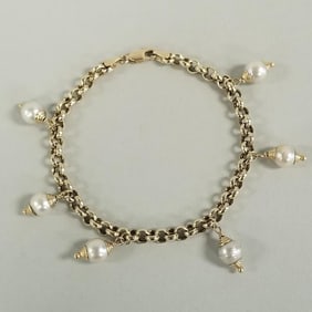 14k gold & pearl dangle bracelet: 9.3g, 7 1/4"L, 7mm pearls