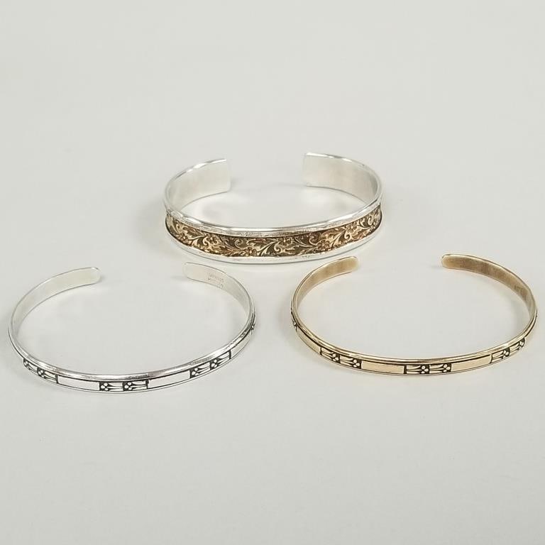 3 Ed Levin cuff bracelets including sterling silver, etc: 2 1/8" interior diameter, 7/8" gap: 3 Ed Levin cuff bracelets including sterling silver, etc: 2 1/8" interior diameter, 7/8" gap