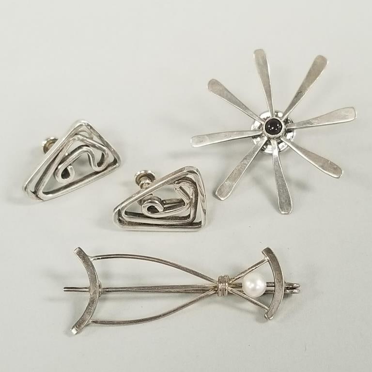 3 pieces Ed Levin sterling silver jewelry: 2 pins & 1 pair screw-back earrings- 1 3/4" longest: 3 pieces Ed Levin sterling silver jewelry: 2 pins & 1 pair screw-back earrings- 1 3/4" longest