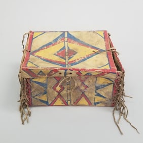 Native American parfleche box w/ leather fringe- 5 1/4"H 9"W 7 1/4"D