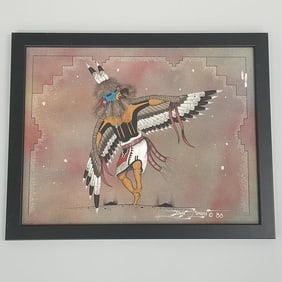 Edwin Morgan signed Navajo sand painting- Eagle Dancer w/ applied turquoise stone- 15 3/4"H 19 3/4"W