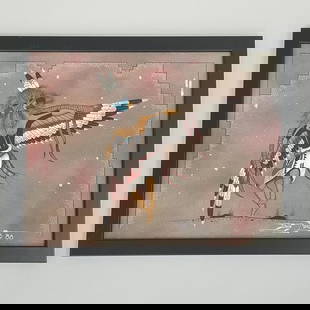 Edwin Morgan signed Navajo sand painting- Eagle Dancer w/ applied turquoise stone- 15 3/4"H 19 3/4"W: Edwin Morgan signed Navajo sand painting- Eagle Dancer w/ applied turquoise stone- 15 3/4"H 19 3/4"W 7/8"D OD framed (as seen, drip marks)