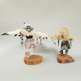 2 signed, hand carved & painted Kachinas: eagle & bear figures w/ applied fur, etc- 16"H 21"W 14"D