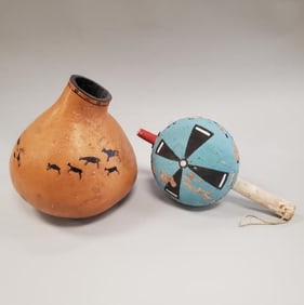 2 Native American decorated gourd items: painted rattle & "Many Voices" signed vessel- 12" taller